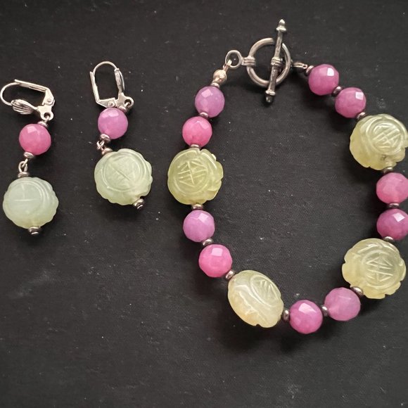 Etched Jadeite Faceted Amethyst Beaded Bracelet & Earrings. - Picture 2 of 5